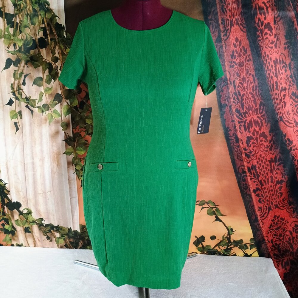 EUC Enfocus 12 Petite Kelly Green Textured Knit Short Sleeve Faux Pocket Dress